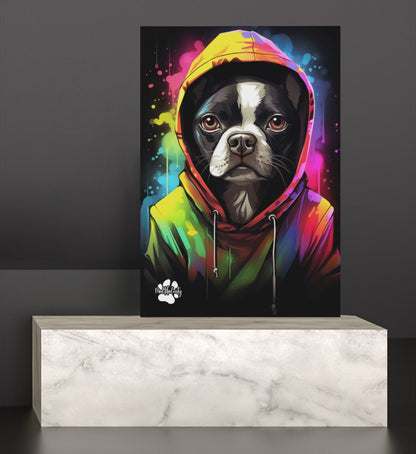 Boston Terrier mit Kapuze - Leinwand 30x45cm - Multitalenty