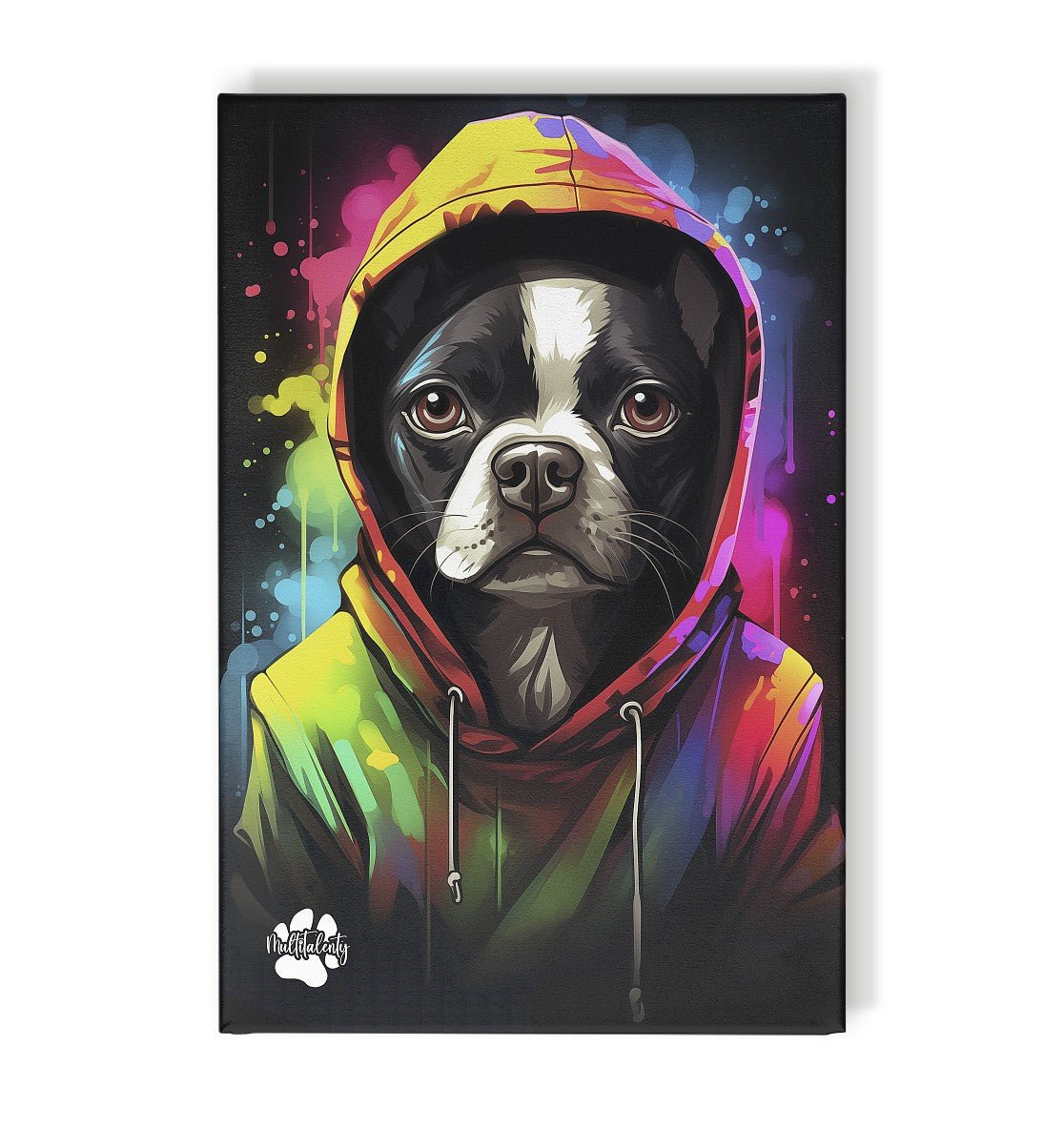 Boston Terrier mit Kapuze - Leinwand 30x45cm - Multitalenty